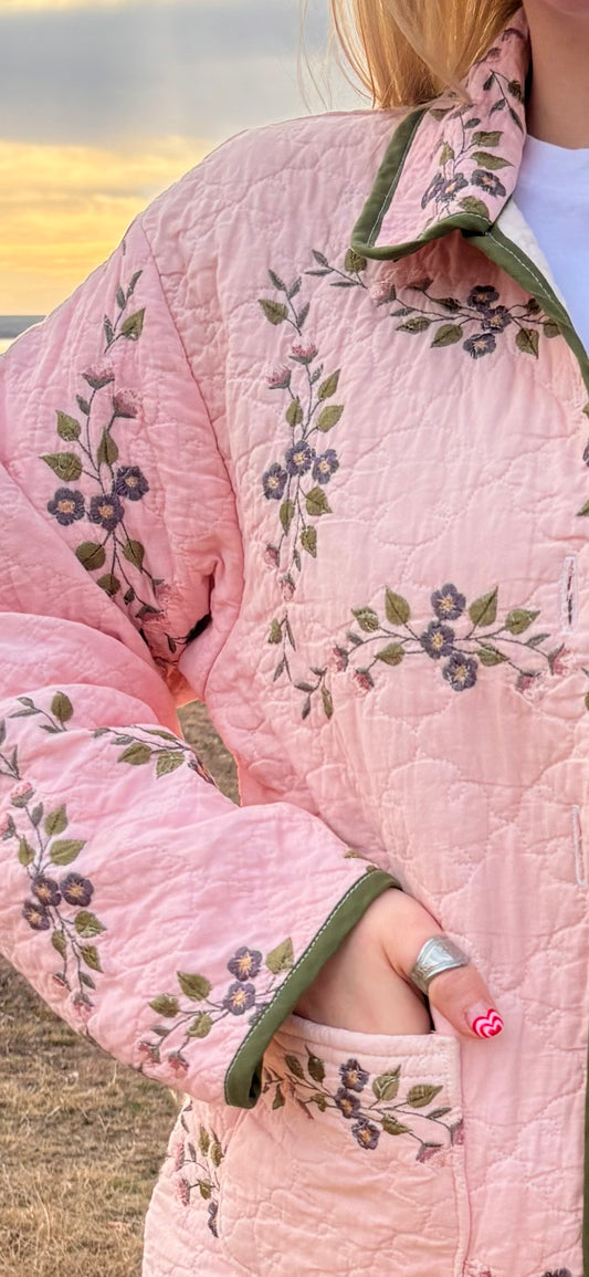 Pink Embroidered Floral Quilt Coat