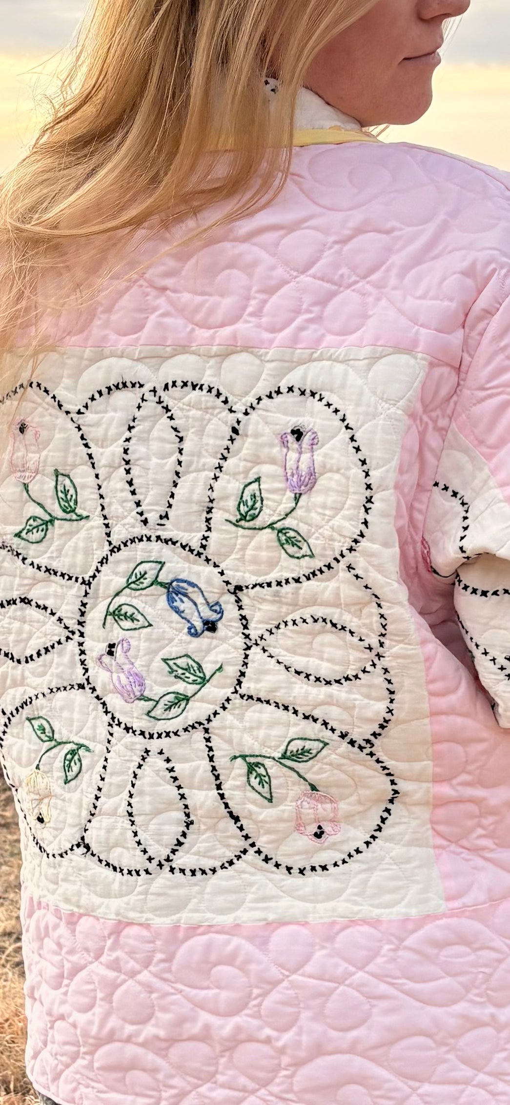 Hand Stitched Flowers Quilt Coat