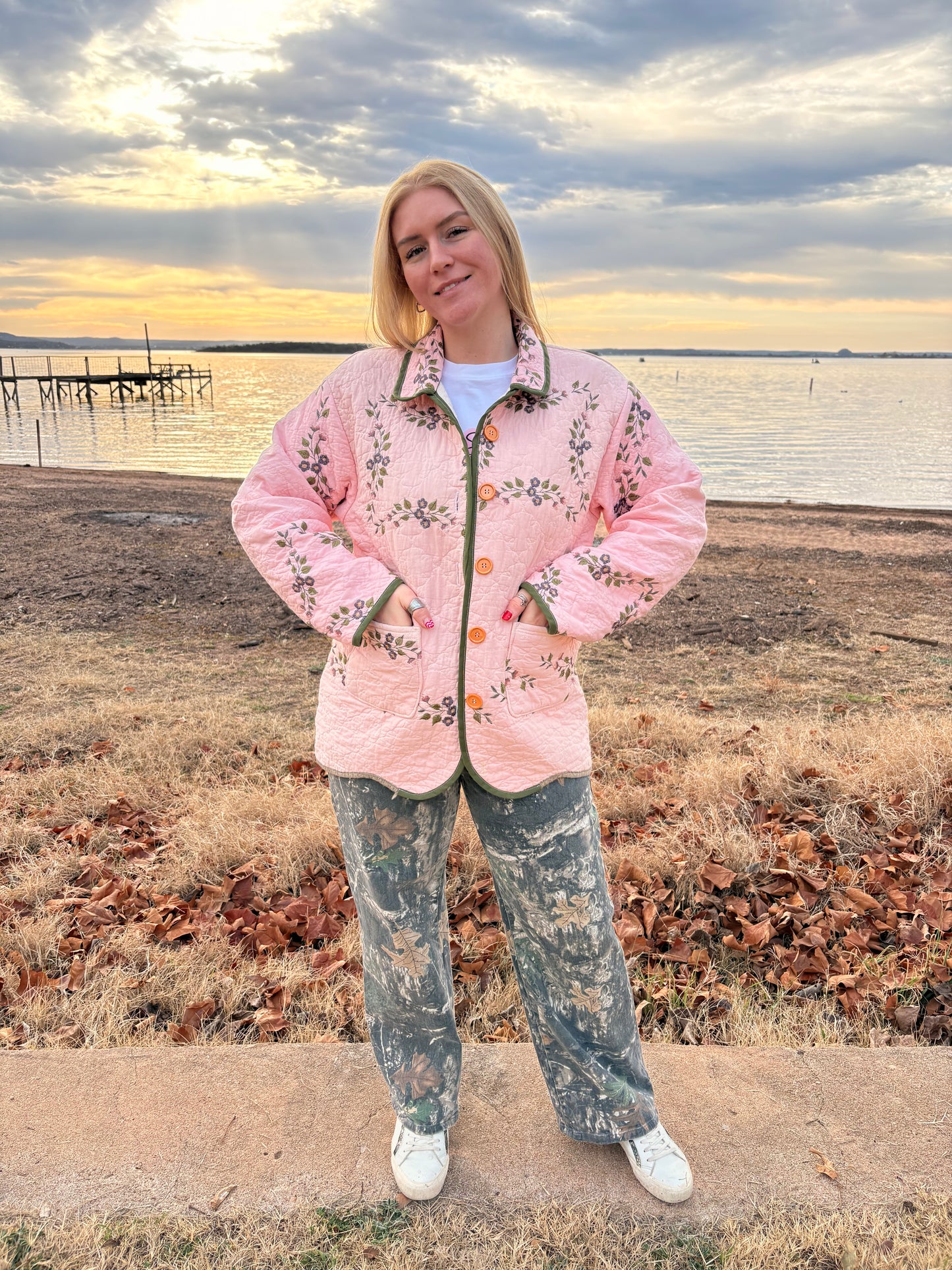 Pink Embroidered Floral Quilt Coat