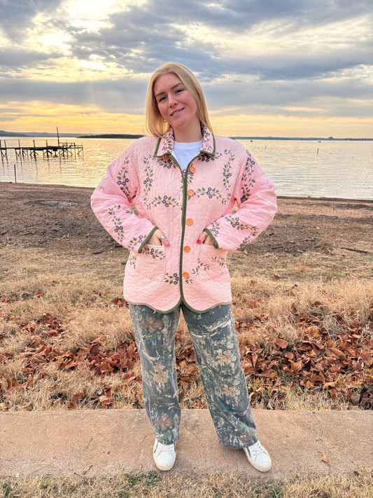 Pink Embroidered Floral Quilt Coat