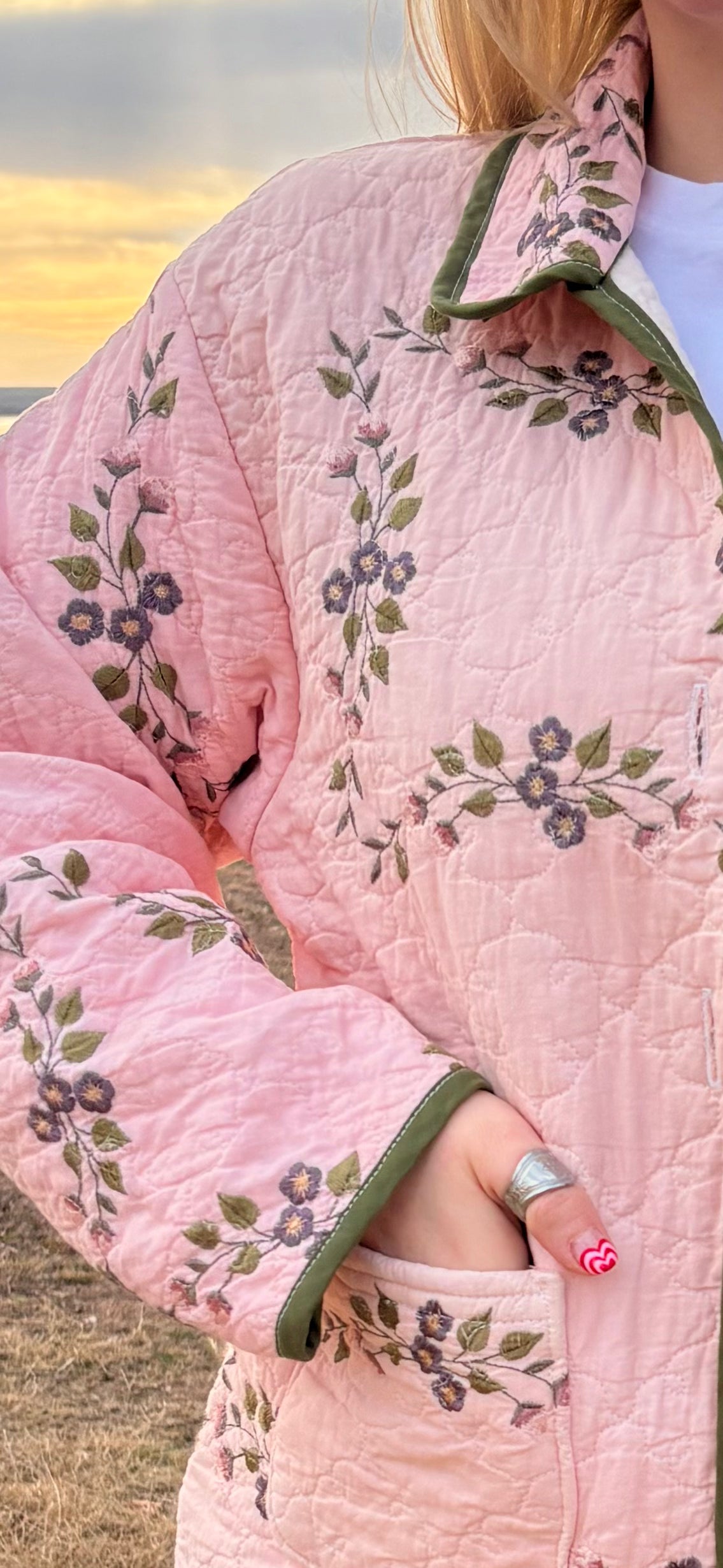 Pink Embroidered Floral Quilt Coat