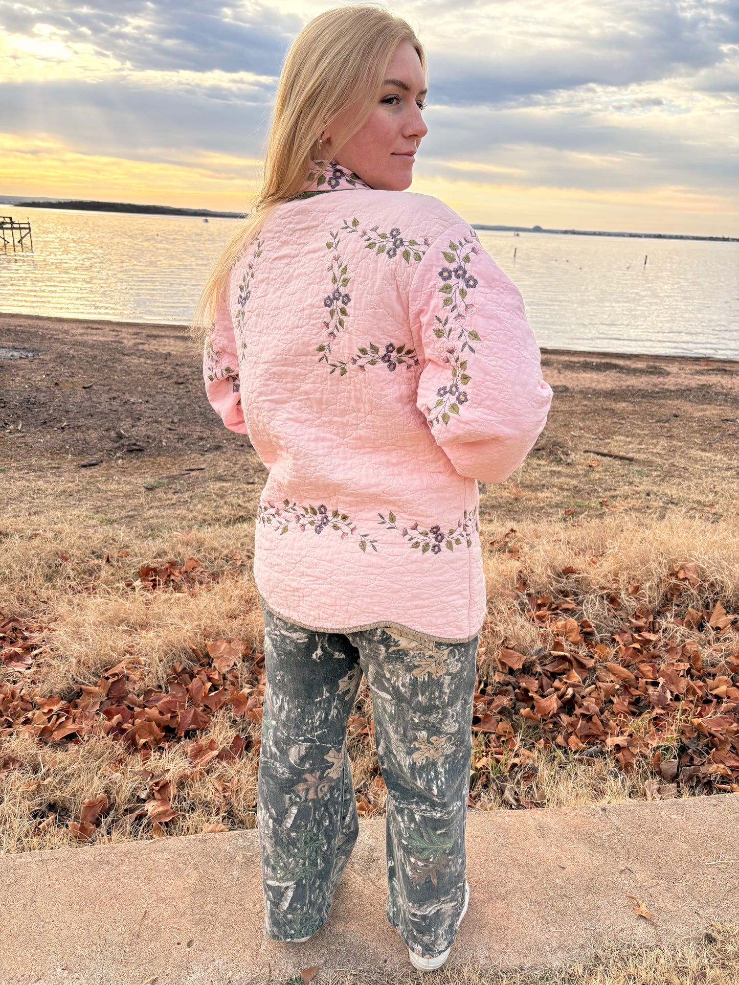 Pink Embroidered Floral Quilt Coat