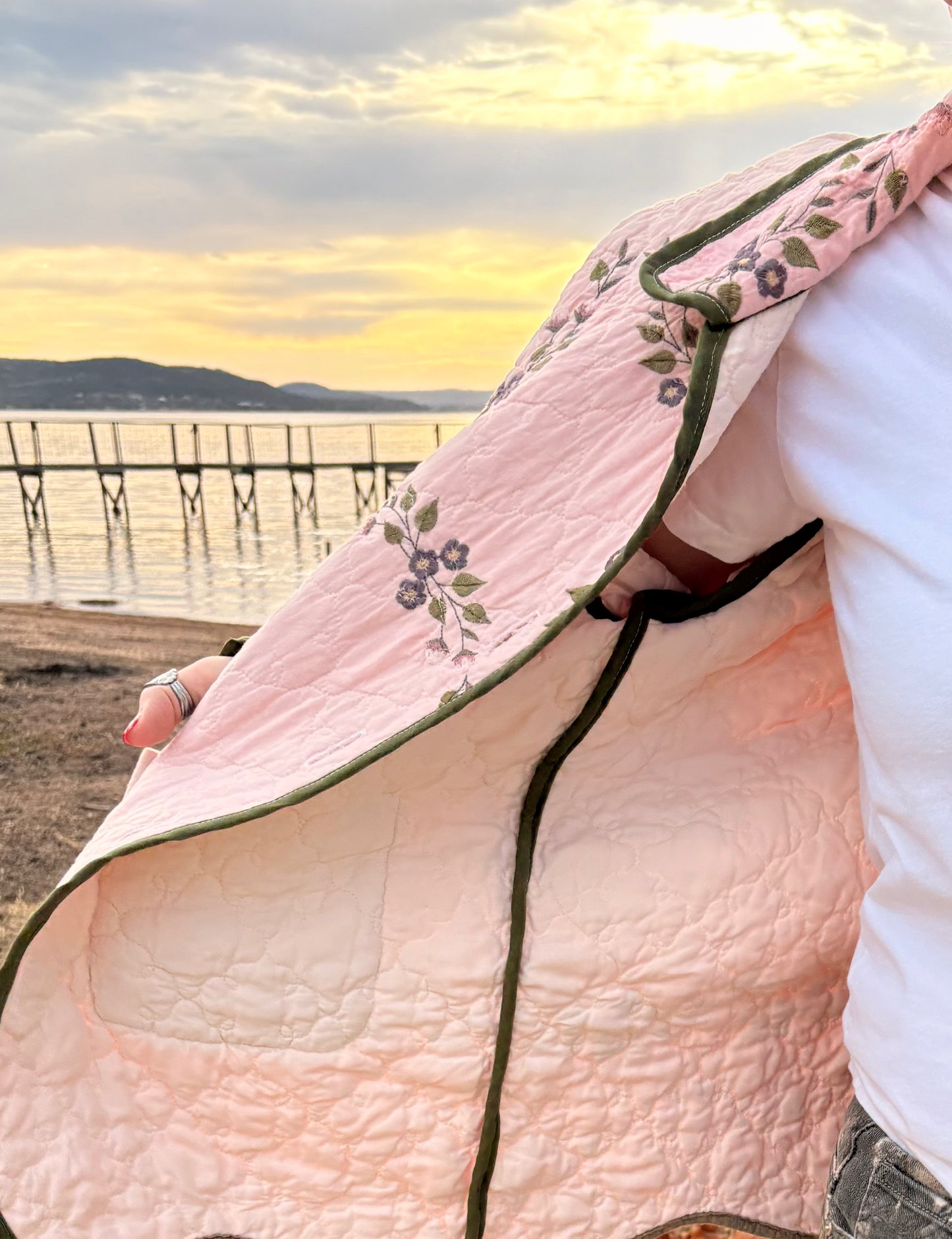 Pink Embroidered Floral Quilt Coat