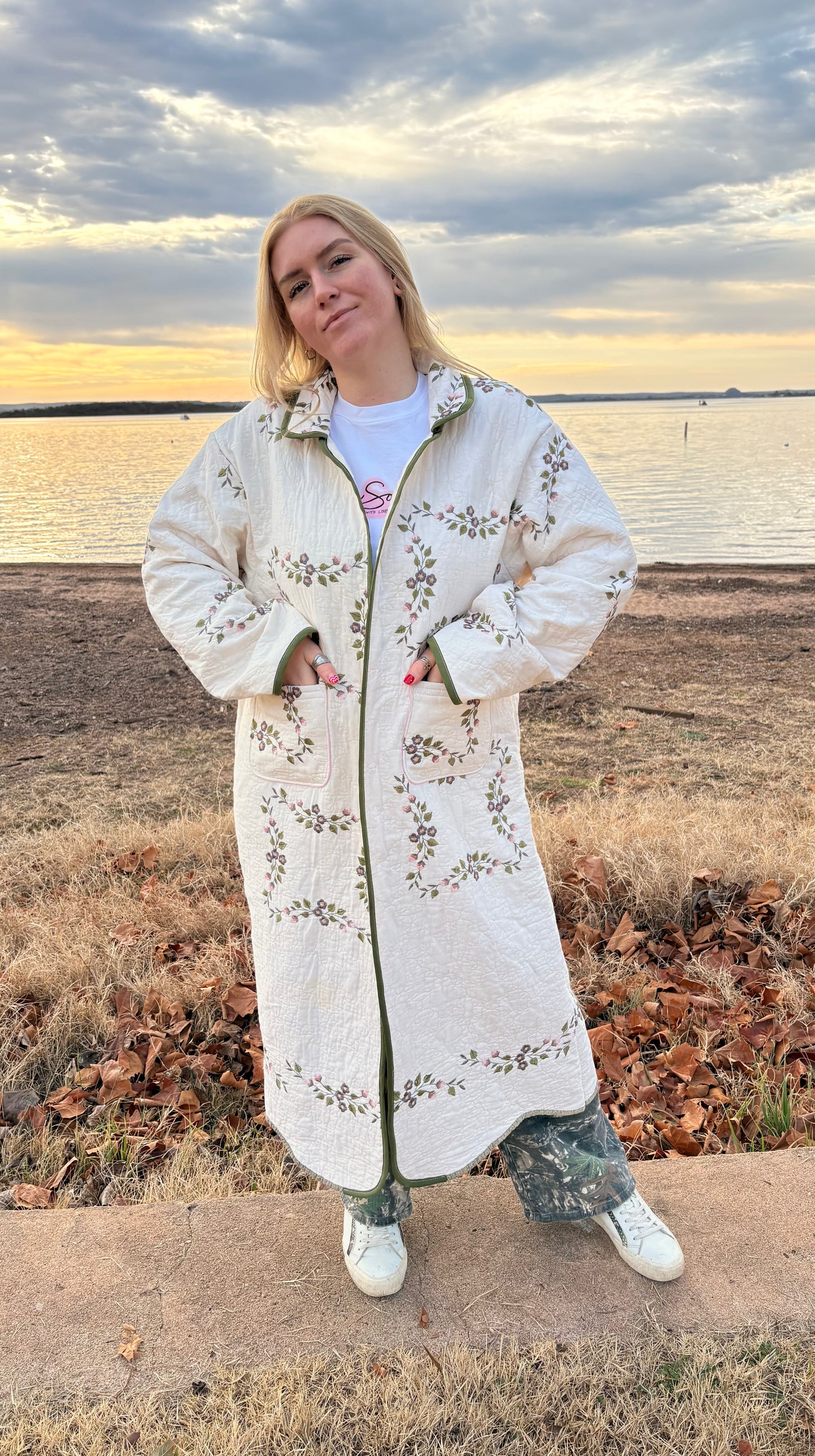 Embroidered Floral Quilt Duster Coat - LG