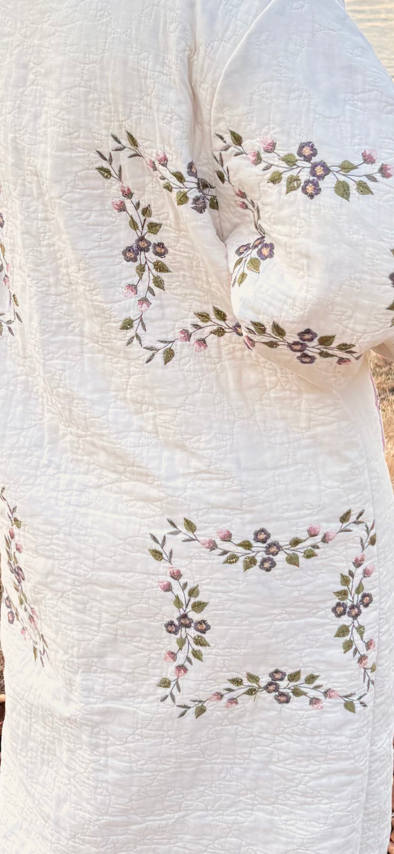 Embroidered Floral Quilt Duster Coat - LG