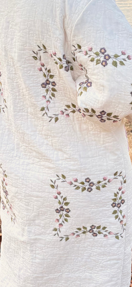 Embroidered Floral Quilt Trench Coat