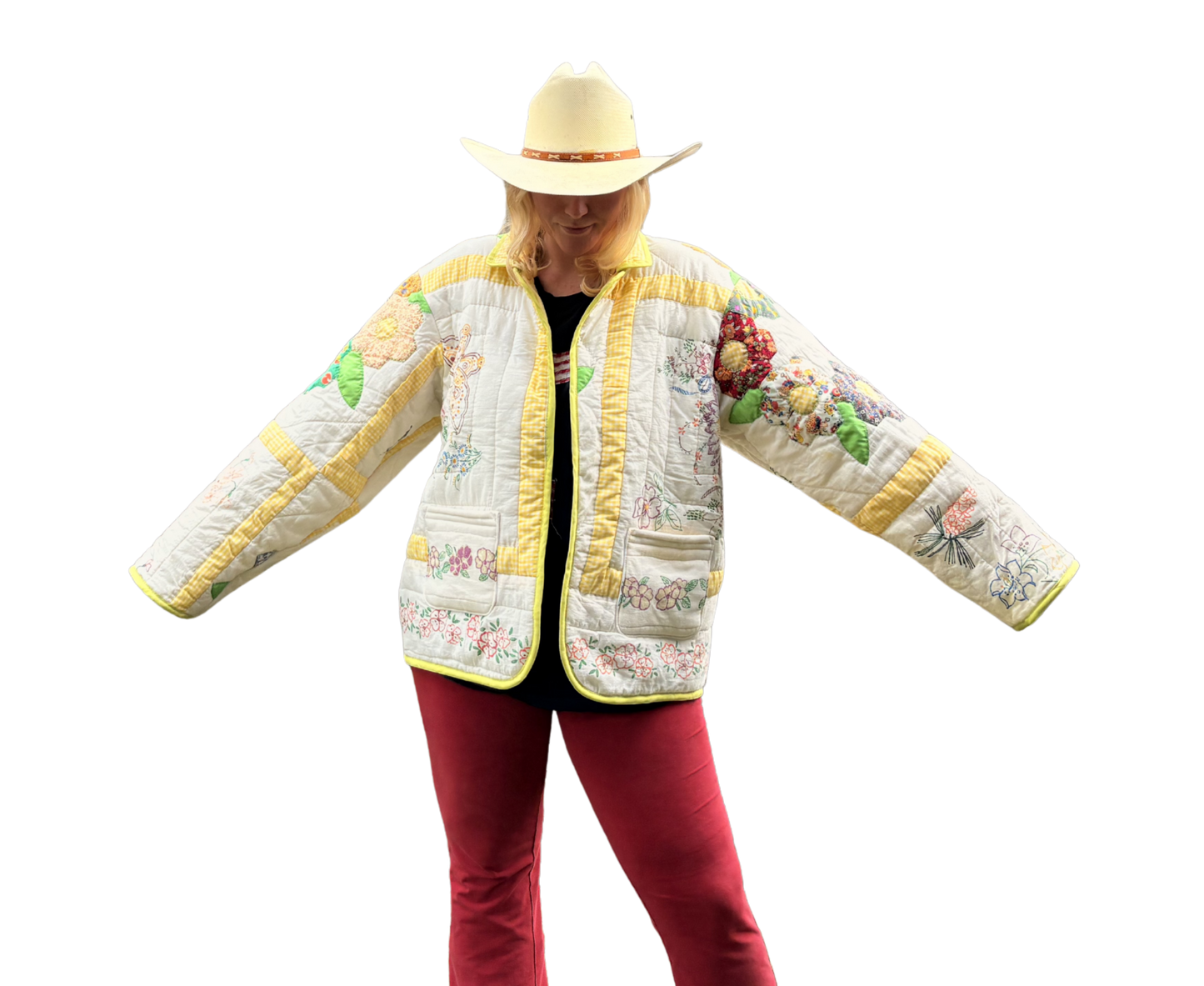 Patchwork Wreath with Hand Drawings Quilt Coat - LG